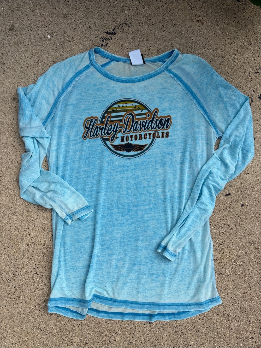 Harley-Davidson Ladies Light Blue Long Sleeve Tee with Logo Emblem, XL